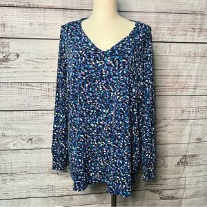 Susan Graver 1X Long Sleeve Multi Color Shirt V Neck Liquid Knit